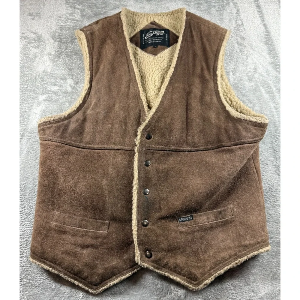 Vtg Studio 33 Leather Sherpa Vest Brown Western Suede Lined Men's Large‎ Korea